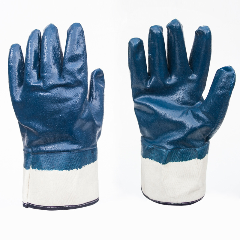 Fully Cotton Lined Blue Smooth Nitrile Coated Rough Finish Cuff Safety Gloves