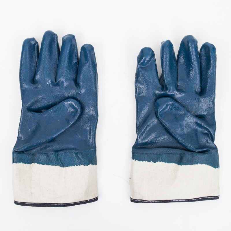 Fully Cotton Lined Blue Smooth Nitrile Coated Rough Finish Cuff Safety Gloves