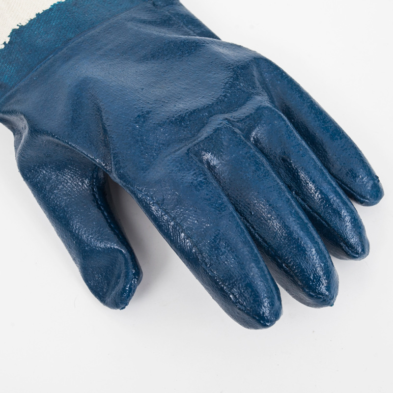 Fully Cotton Lined Blue Smooth Nitrile Coated Rough Finish Cuff Safety Gloves