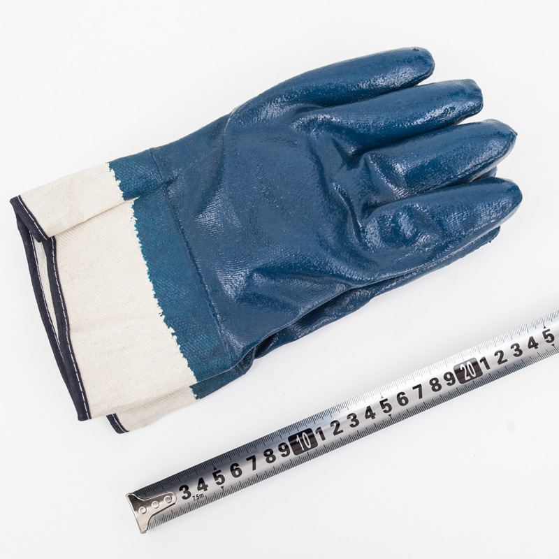 Fully Cotton Lined Blue Smooth Nitrile Coated Rough Finish Cuff Safety Gloves