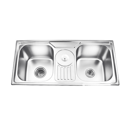 Stainless Steel Sink Household Kitchen Double Trough Vegetable Washing Basin with Drain Board