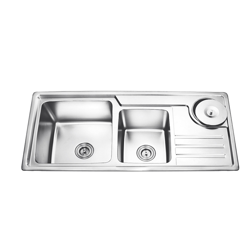 Stainless Steel Sink Household Kitchen Double Trough Vegetable Washing Basin with Drain Board