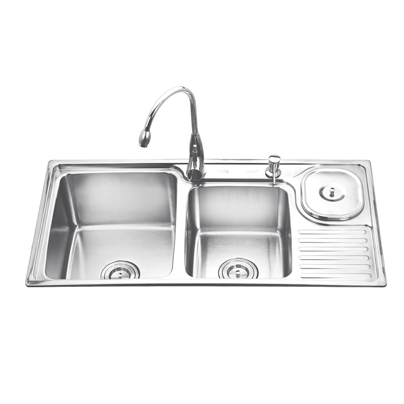 Stainless Steel Sink Household Kitchen Double Trough Vegetable Washing Basin with Drain Board