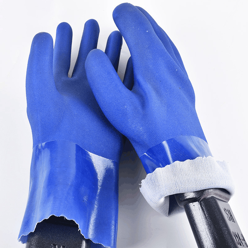 PVC Oil-resistant Frosted Short Blue Protective Gloves For Mechanical Maintenance