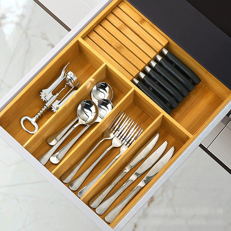Bamboo Cutlery Knife Storage Box Divided Tray