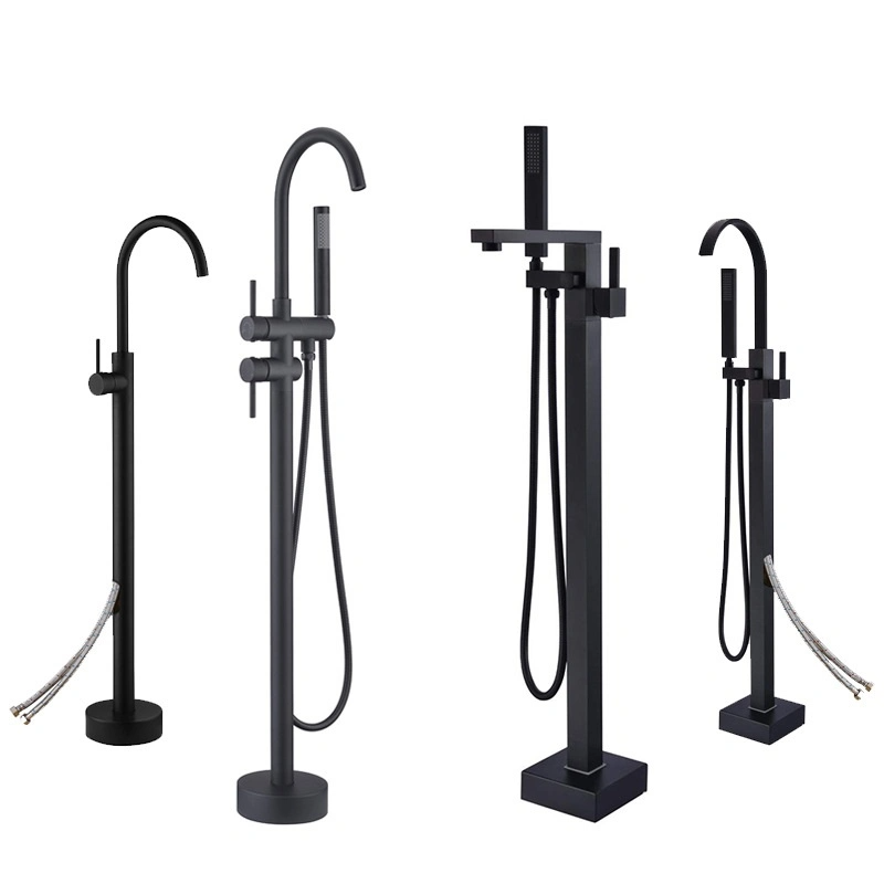 Elegant Design Solid Brass Black Standing Bathtub Faucet Floor Stand Freestanding Bath Tub Faucets with Hand Shower