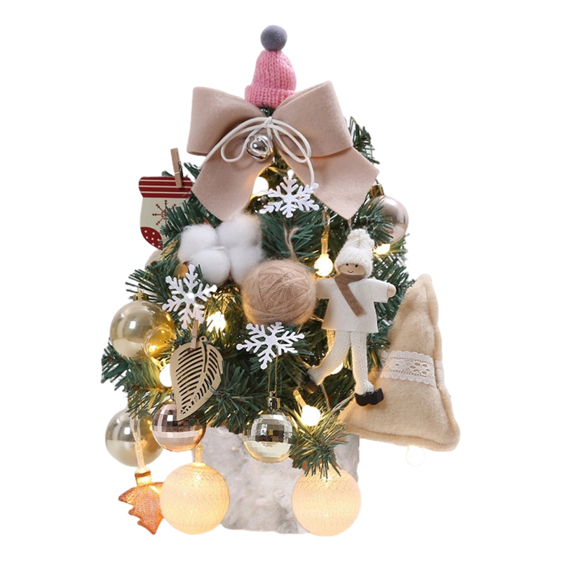 Mini Set Desktop Christmas Tree Ornaments Gold Gift with LED Light