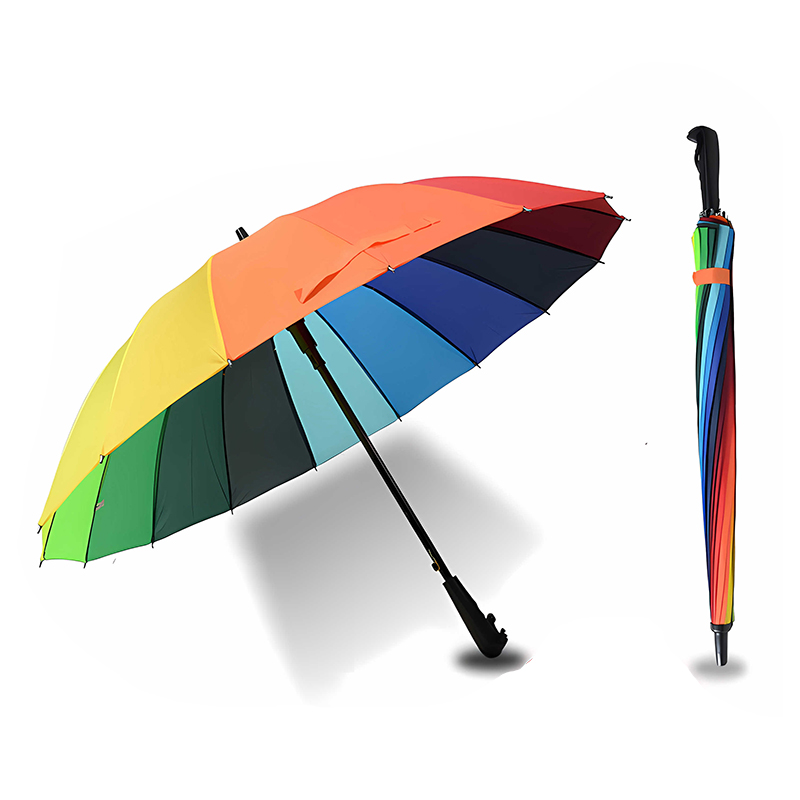 16 Rib Long Handle Rainbow Umbrella Straight Pole Wind Protection Umbrella