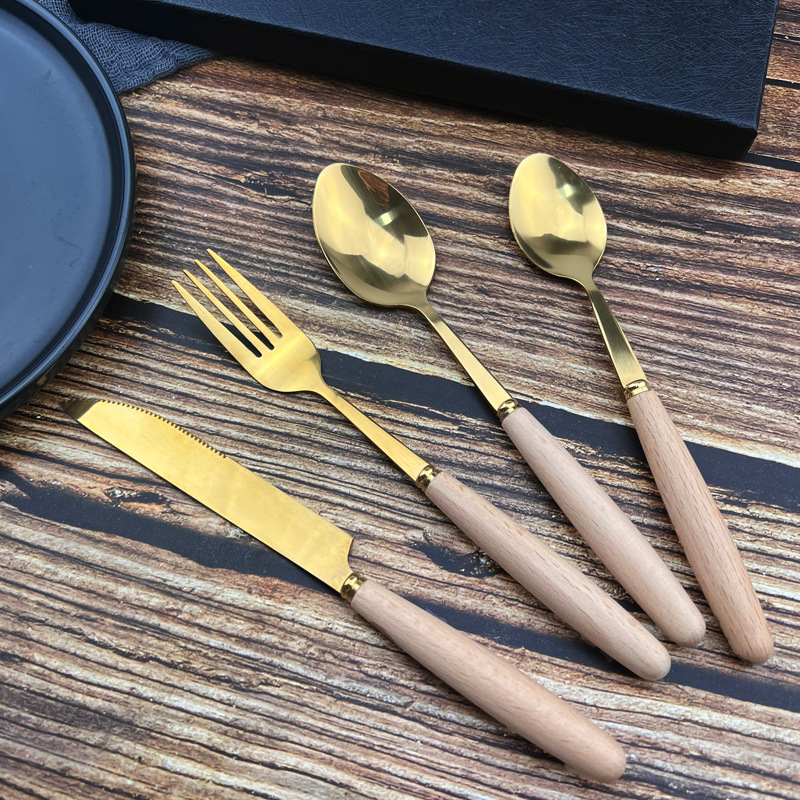 Stainless Steel Gold Plated Wood Handle Texture Tableware Knife Fork and Spoon Set