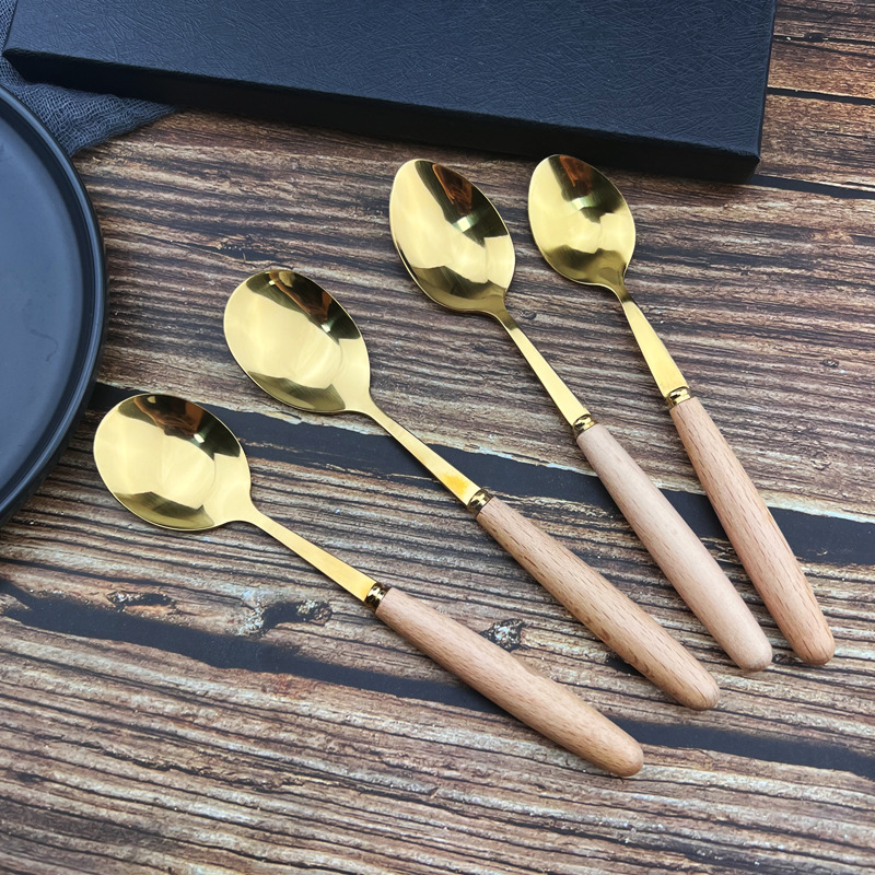 Stainless Steel Gold Plated Wood Handle Texture Tableware Knife Fork and Spoon Set