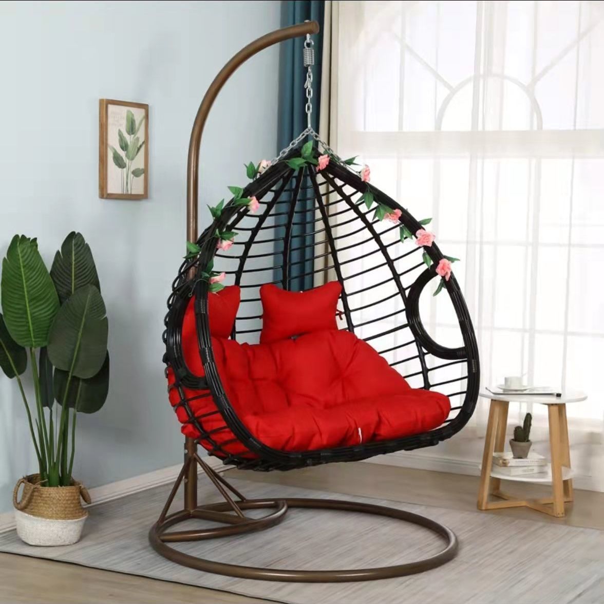 Indoor Hanging Lounger Wicker Cozy Hammock Double Swing Chair With Stand