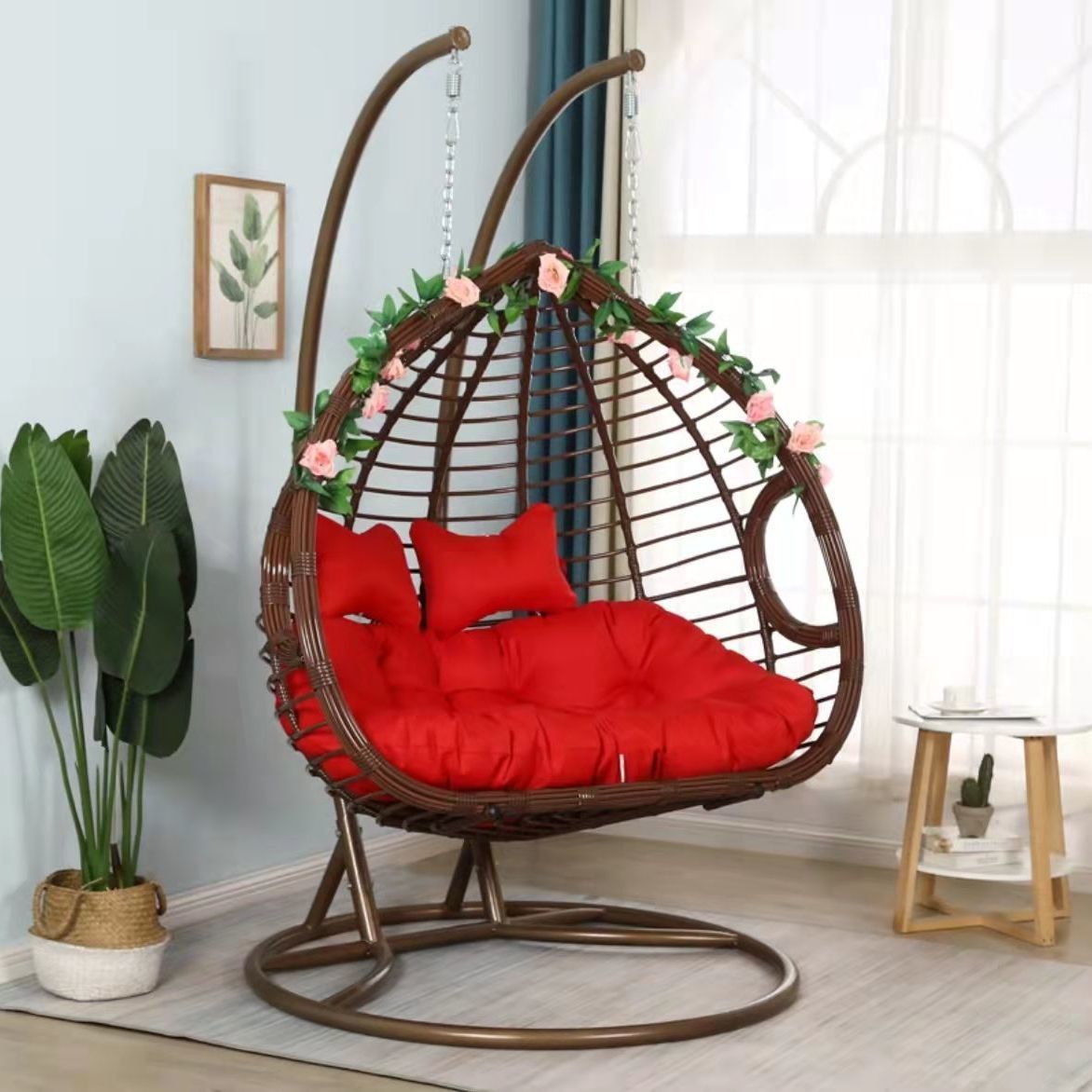 Indoor Double Hammock Swing Rattan Egg Chair With Stand For Bedroom