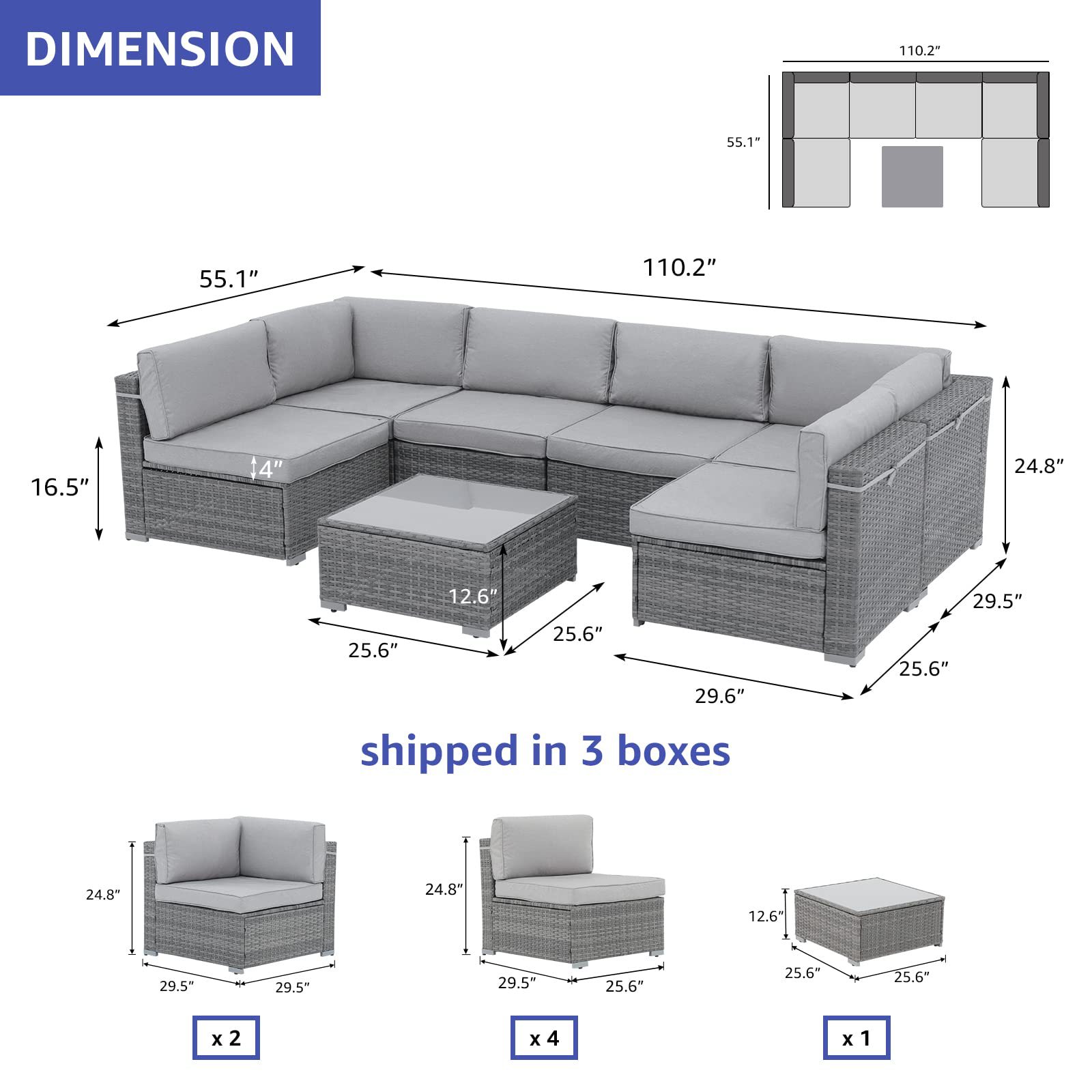 Outdoor Modern Grey Backyard Seating Set Sectional Rattan Patio Furniture