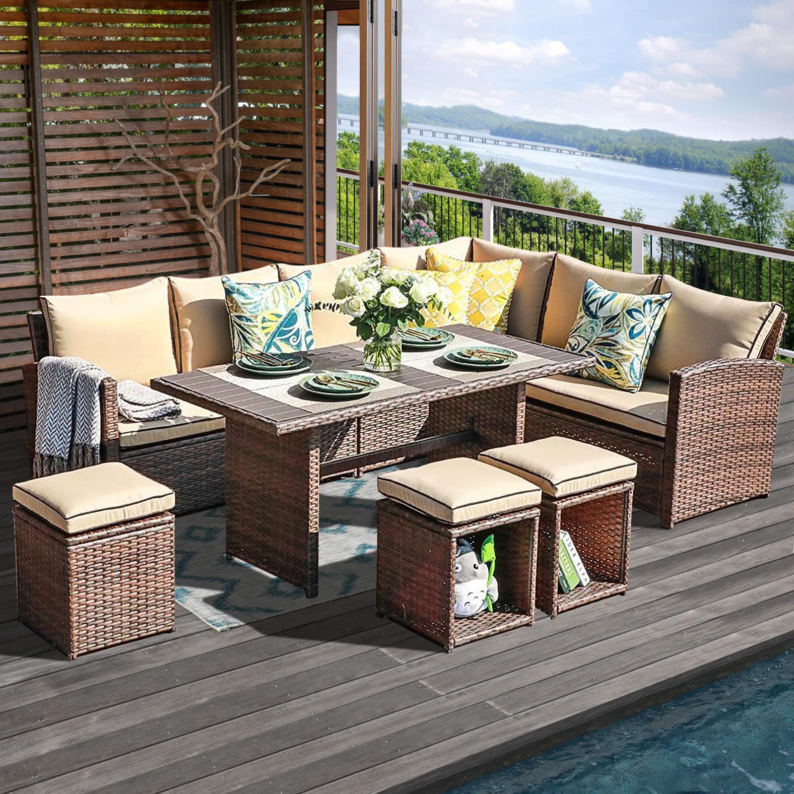 Outdoor Modern Leisure Backyard Rattan Aluminum Wicker Patio Furniture Set With Table