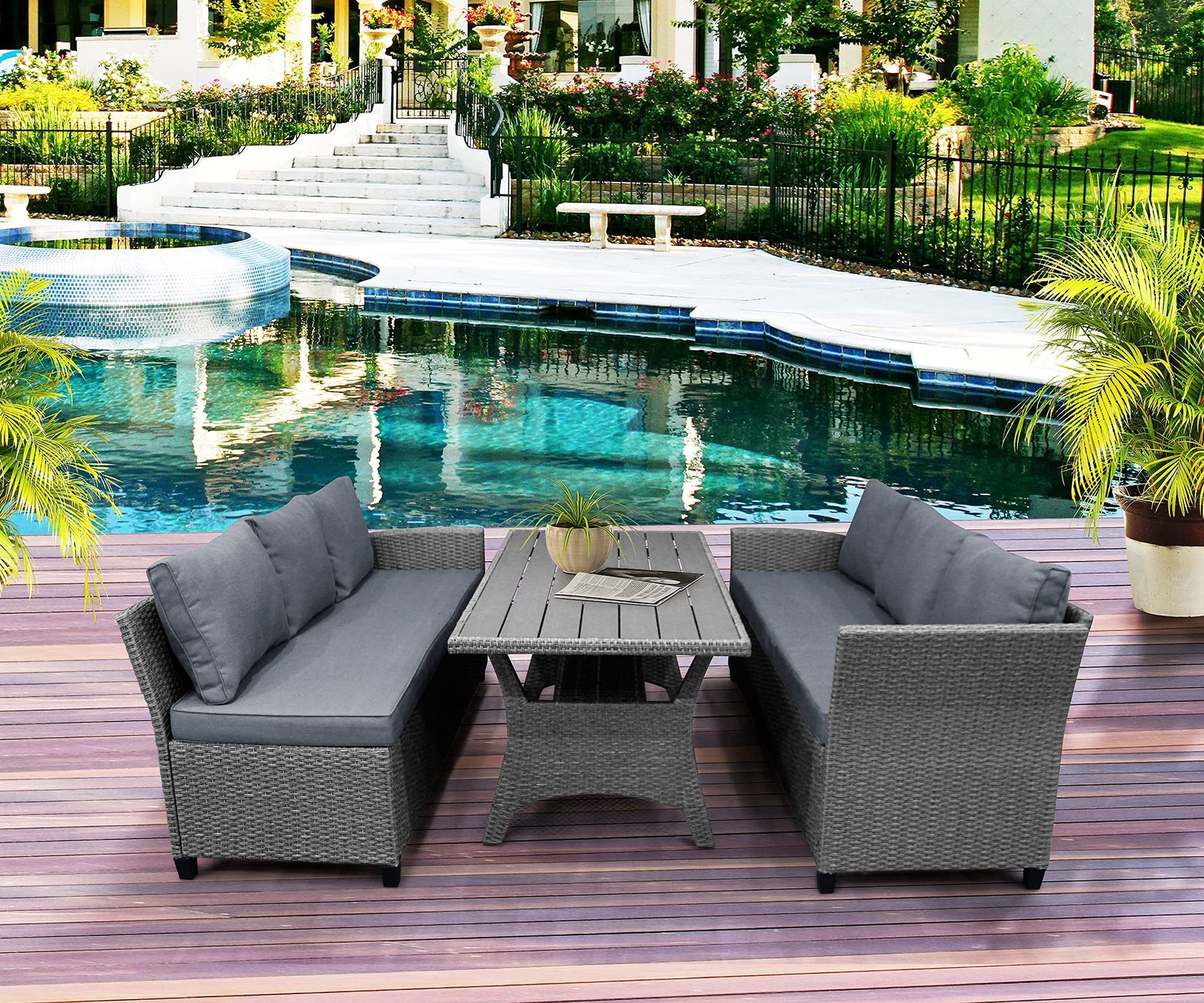 All Weather Backyard Wicker Porch Outdoor Furniture Rattan Sofa With Replacement Cushions