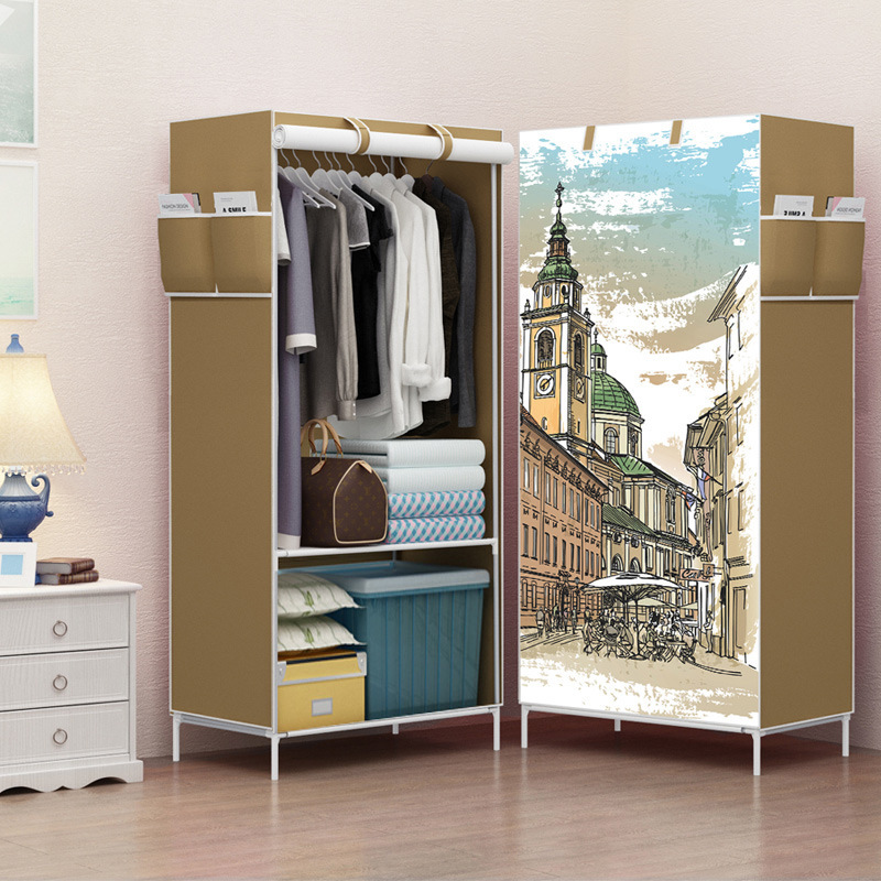 Folding Non Woven Door Wardrobe Portable Cabinet Assemble Cloth Closet With Hanging Rod