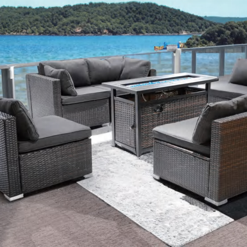 Smokeless Metal Modern Garden Furniture Rattan Propane Rectangle Sofa 7pcs Sofa Set With Fire Pit Table