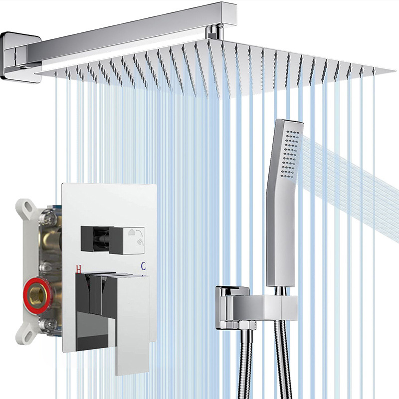 Hidden Wall Mounted Bathroom Shower Faucet Head System With Handheld Square Shower Panel