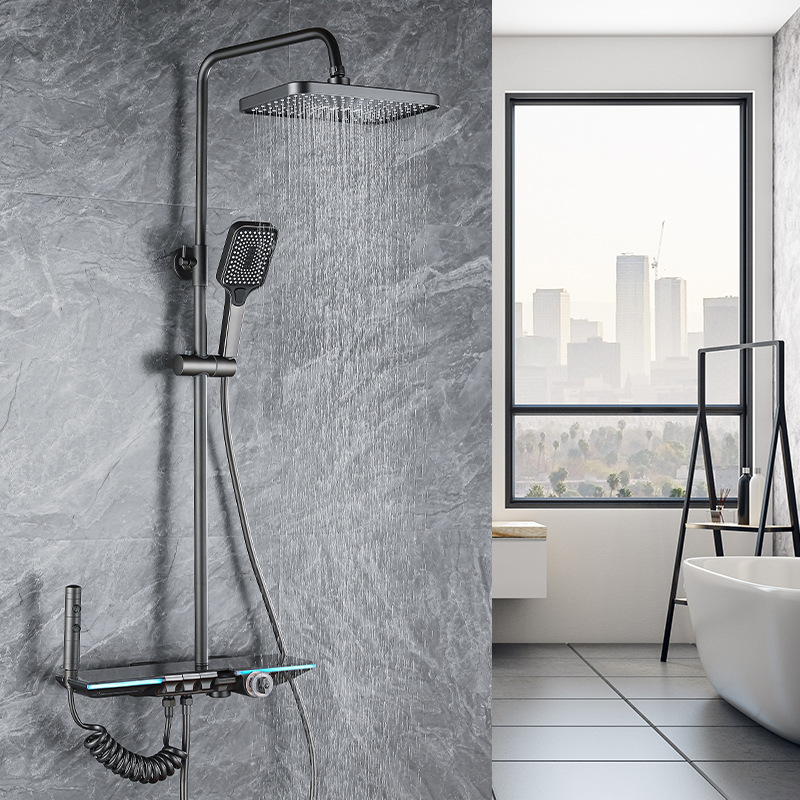 Modern Matt Grey Wall Mounted Thermostatic Rainfall Rain Head Bathroom Hot Cold Stainless Steel Complete Shower Set