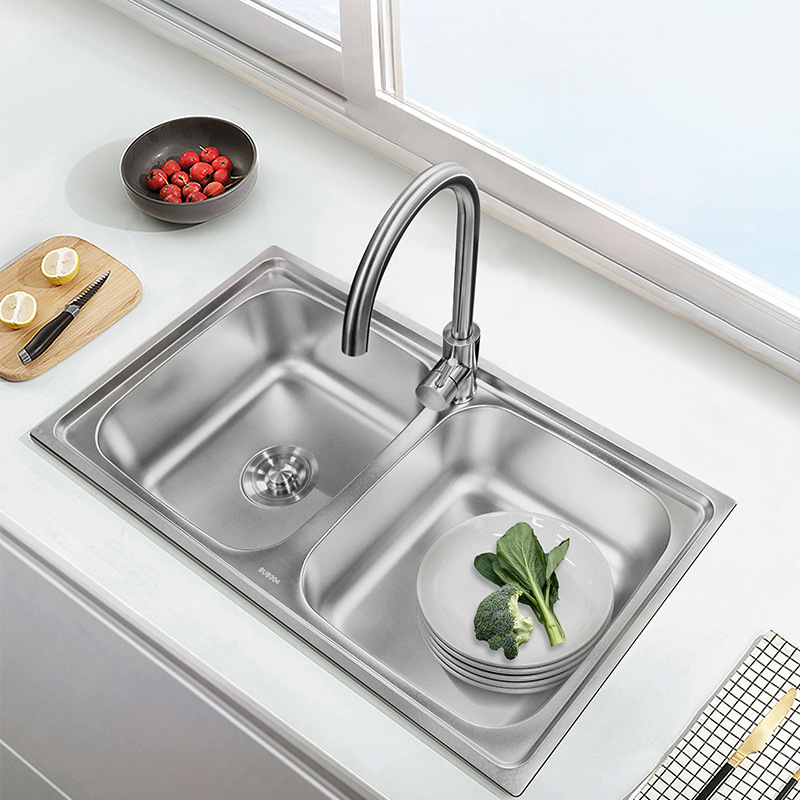 Sus 304 Brushed Stainless Steel Rectangular Under Mounted Deep Double Bowl Kitchen Sink
