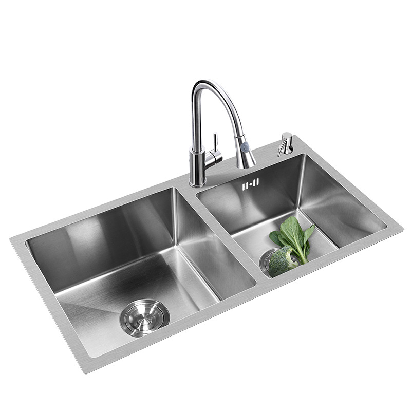 New Design Luxury Sus 304 Stainless Steel Topmount Double Bowl Brushed Nickel Sink